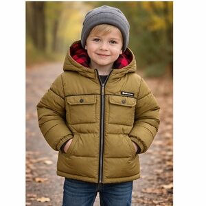 iXtreme Boys Puffer Jacket 4T Tan Hooded Plaid Lined Coat